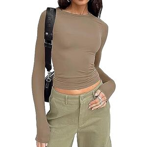 Yoisdtxc Women's Long Sleeve Slim Fit Cropped Top Casual Solid Color Crewneck Shirt Basic Shirt T Shirt Aesthetic Streetwear (B-Coffee, S)