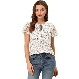 Allegra K Women's Tie Neck Blouse Flare Short Sleeve Floral Tops White M-12