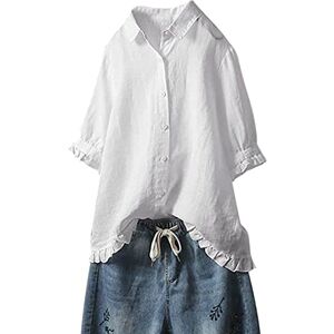 High Neck Blouses For Women Uk Linen Tops for Women UK Plus Size 22-24 Plain Cotton Shirts 3/4 Sleeve Lagenlook T-Shirts V Neck Button Down Blouse Casual Loose Tee Top Summer Solid Color Tunic Tops Sale Clearance White