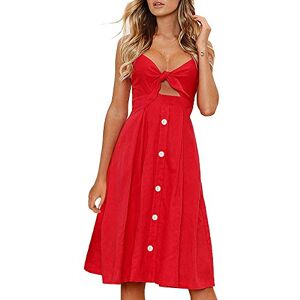 FANCYINN Womens Tie Front Dress Summer V-Neck Spaghetti Strap Dresses Button Down A-Line Midi Dress Red XS