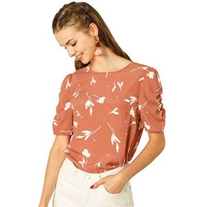 Allegra K Women's Floral Blouse Crew Neck Casual Shirred Short Sleeve Top Coral 16