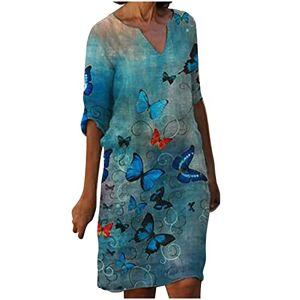 AMhomely Womens Dresses Linen Dresses Summer V Neck 3/4 Sleeve Floral Knee-Length Dress Loose Casual T Shirt Dresses Mini Sundress Ladies Tshirt Dress Boho Beach Midi Flowy Dresses, 7# Blue, 14