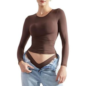 Yileegoo Women's Y2K Slim Fit Crop Tops Casual Solid Color Off Shoulder Crew Neck Long Sleeve Tight T-Shirt Basic Blouse Tee Tops (Z9 Coffee, L)