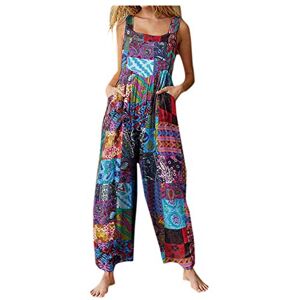 Binggong Women's Dungarees Retro Long Jumpsuit Summer Jumpsuit Baggy Patchwork Vintage Print Jumpsuit Button Sling Jumpsuit with Pocket Summer Trousers Wide Leg Trousers Loose Playsuit Leisure Trousers