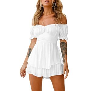 Frobukio Womens Ruffle Dress Off Shoulder Puff Sleeve Layered Swing Mini Dress Casual Wedding Party Pleated Tie Back Dresses (White, S)