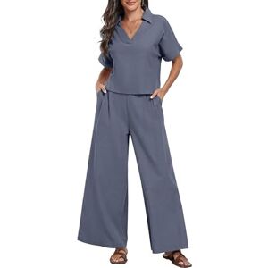 LCDIUDIU Ladies 2 Piece Wide Leg Pants Set, Black V-Neck Rolled Short Sleeves T-Shirt Crop Top Elastic Waist Straight Leg Trousers Lounge Co Ord Sets Summer Casual Going Out Matching Sets Grey Blue