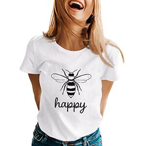 Hzmm Casual T Shirt for Womens Spring Summer Happy Bees Printed Short Sleeve O Neck Loose T Shirt Top Female Street Blouse Tops White