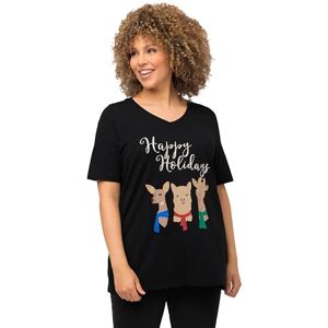 Ulla Popken Women's T-Shirt, V-Neck, Christmas Animals, Black, 20-22