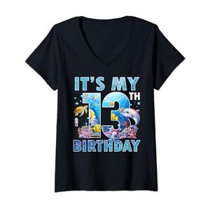Summer Family Birthday Sea Animal Ocean Life Party Womens It’s My 13th Birthday Ocean 13 Years Old Sea Aquarium Bday V-Neck T-Shirt