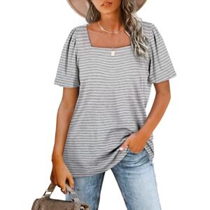 Aokosor Women Tops Square Neck T Shirts Ladies Puff Sleeve Summer Casual Tee Grey Striped Size 22-24