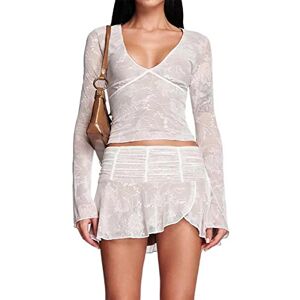 Caloter 2 Pieces Outfits for Women Y2K Hollow Out Skirt Set Sheer Mesh Crop Top Bodycon Wrapped Mini Skirt Summer Going Out Beach Party Sets Streetwear (A-White, S)