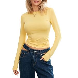 Achlibe Women Long Sleeve Crop Top Y2k Casual Basic Tight Crew Neck Cropped Tee Tshirt Going Out Shirts Blouse (A-Yellow, S)