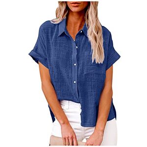 Womens Tops Shirt Plus Size Blouse Summer Casual Cotton Linen Short Sleeve T Shirt Loose Fit Button Down Lapel Solid Tees Oversize Tunic Elegant Tops for Ladies UK Size 22 Blue