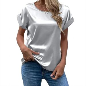 JKJHJF t shirts for women uk Elegant Women'S Blouse Solid Tees Summer Lady Short Sleeve Satin Shirt Tops S-Xxl-Gray-M