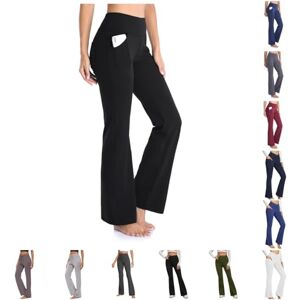 Clearance,Hot Sale,Cheap Stretch Bootleg Trousers for Womens Bootcut Yoga Pants Comfy Soft Flared Leggings with Pockets Elasticated Waist Work Bottoms High Stretch Bottoms Cut Trousers A-Black