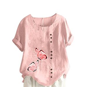 Summer Tops For Women Uk 0307a44026 Cotton Linen Tops for Women UK Crew Neck T Shirt Women Short Sleeve Blouses Plus Size Summer Tops 20 Print Down Top T-Shirt Tee Tops Shirts Women Casual Floral Loose Shirt Tops 3XL Pink