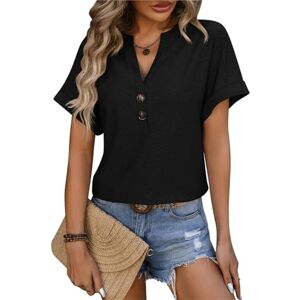 XYMJT t shirts for women uk Ladies Fashion V-Neck Buttons Short Sleeve T-Shirts Casual Loose Female Tee Shirt Woman-Black-Xl