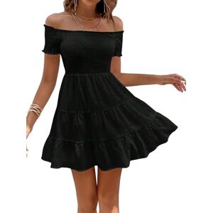 GORGLITTER Women's Off Shoulder Ruffle Trim A Line Dress Short Sleeve Shirred Flowy Summer Short Dresses Black M