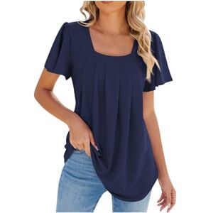 Haolei Square Neck Tops for Women Ruffle Short Sleeve T Shirts Front Pleated Casual Tunic Tops Hollow Loose Blouse Ladies Breathable Soft Tshirts Summer Top UK Size 8-16 Navy