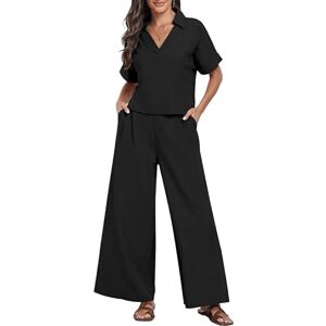 LCDIUDIU Ladies 2 Piece Wide Leg Pants Set, Black V-Neck Rolled Short Sleeves T-Shirt Crop Top Elastic Waist Straight Leg Trousers Lounge Co Ord Sets Summer Casual Going Out Matching Sets Black M