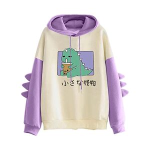 Générique Ladies Fashion Hooded Long Sleeve Dinosaur Printed Stitching Top Pullover Hoodie Fleece Long Pile, purple, L