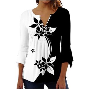 Kuih Womens Tunic Tops 3/4 Sleeves Ladies V Neck Flower Printed Top Casual Loose Comfy Breathe Blouse Elegant Button UP Pullover T-Shirt for Party Dance Office Size 8-16