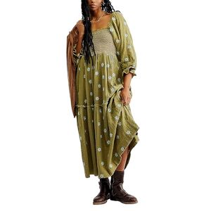 Acrawnni Women's Flower Embroidered Maxi Dress Long Puff Sleeve Square Neck Smocked Tiered Bohemian Flowy Dress Beach Long Dress (A-Green, L)