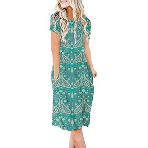 AUSELILY Summer Dress for Women Knee Length Dress Short Sleeve Causul Dresses with Pockets Pleated Empire Dress Flare Swing T-Shirt Dresses (Boho Floral Green, L)