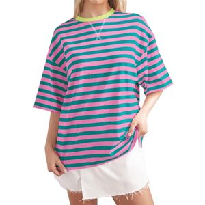 Clearance!Hot Sale!Cheap! Womens T Shirts Fashion Oversized T Shirts for Women Striped Color Block Short Sleeve Tops for Women UK Crew Neck T Shirt Blue Pink S