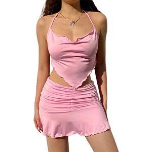 WANGSAURA 2Pcs Women Y2K Halter Cami Skirts Set Backless Crop Top Ruched Ruffle Skirt Outfit (Pink, S)