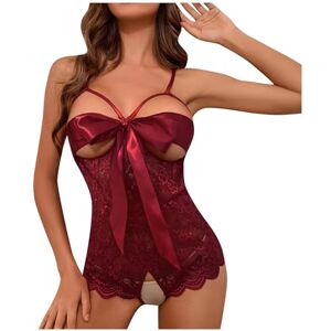 Generic J-336 Burgundy Wine Lingeries for Women Winter Fall Lace Plus Size Work Uniform Sexy Stripper Crotchless Bow Tie Cardigan Lingeries Panties Overalls Romper Women 2023 OK M