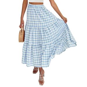 Nokiwiqis Women Summer Boho Maxi Skirt Plaid Elastic High Waist Pleated A-Line Long Skirt Elegant Ruffle Flowy Swing Beach Skirts (Light Blue, S)