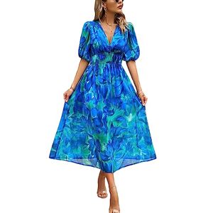 Achlibe Women's Summer Long A-line Dress Short Sleeve V Neck Pattern/Floral Print Beach Dress Boho Style (Blue, L)