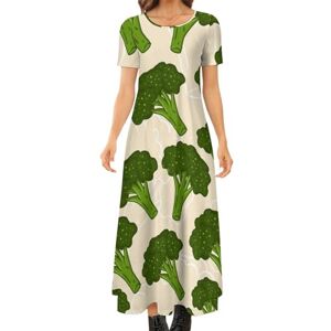 Songting Green Broccoli Women's Summer Casual Short Sleeve Maxi Dress Crew Neck Printed Long Dresses S