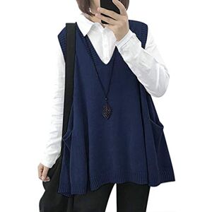 YESNO Women Loose Swing Chunky V-Neck Sweater Vests Oversized Knit Sleeveless Jumpers with Cute Drop Pockets L WM9UK Navy Blue