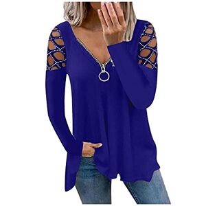 ClodeEU Women Rhinestone Solid Blouse Tops V Neck Hollow Sleeve Tunic T-Shirt Elegant Loose Fit Pullover Jumper Ladies Casual All Match T Shirt Tee, Blue_5, S