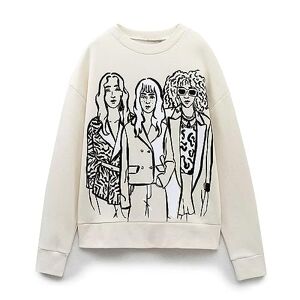 Merfrede Women Graffiti Print Loose Sweatshirt Casual Long Sleeve Crew Neck Pullover Tops Boyfriend Y2K 90s Hip Hop Streetwear (Black White Girl White, L)