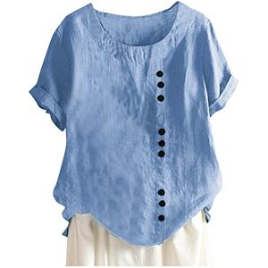 Clodeeu Ladies Solid Color Shirts Short Sleeve Crewneck Cotton Linen Button Tops Summer Casual Blouse Dressy Shirts for Vacation Travel Daily Sky Blue