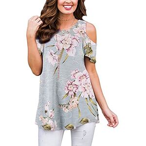 Closhion Women's Cold Shoulder Floral Print Tunic Tops Loose Blouse T Shirts (Gray, XXL)