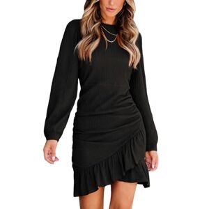 CUPSHE Women's Mini Dress Round Neck Ruffled Hem Ruched Long Sleeve Fitted Ribbed Knit Casual Dress Black XS