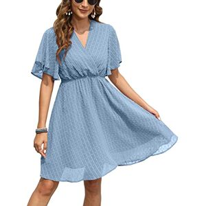 Rubehoow Summer Dress for Women Wrap Neck Bell Sleeve Chiffon Mini Dress High Waist Sun Flowy Summer Boho Dress Light Blue,M