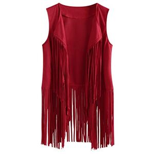 Generic Womens Cardigan Lightweight Fringe Solid Sleeveless Vest Faux Suede Open Front Vintage Vest 70s Hippie Clothes Boho Western Jacket Kimono Outerwear Bolero Cardigans Cardigan (21-Red, S)
