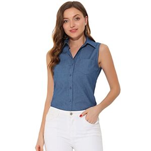Allegra K Denim Button Down Shirt for Women's Sleeveless Lapel V Neck Chambray Tunic Top Blue 12