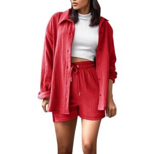 Generic Two-Piece Women's Summer Long Sleeve Blouse Shirt and Shorts Two Piece Sets Lightweight Breathable Leisure Suit Unusual T Shirt High Waist Shorts Beach Tunic Plain Aesthetic Shirt, Red-b, S