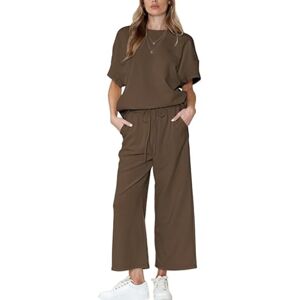 LCDIUDIU Oversized Wide Leg Sweat Pants And Top Set Women Summer 2 Piece Outfits,Black Round Neck Striped Texture Loose Short Sleeve T-Shirt Casual Tracksuit Jogging Loungewear Co Ord Sets Brown L