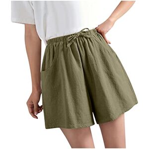 Drawstring Elastic Waist Linen Shorts for Women Cotton Comfy Workout Plain Shorts Stretchy Summer Beach Holiday Shorts Ladies Casual Loose Outdoor Plus Size Short Pants with Pockets Army Green