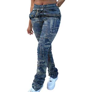 Amhomely Womens Pants Sale Clearance AMhomely Womens Jeans Pegged Pants Slim Leggings Denim Fabric Trouser Slacks Sale Clearance Women Fashion Casual Jeans Print Trousers Strap Long Pocket Pant 5072