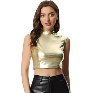 Allegra K Metallic Crop Top for Women Shiny Sleeveless Holographic Party Tank Tops Light Golds s