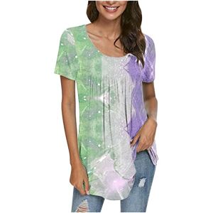 Haolei Tunic Tops for Women UK Clearance,Retro Vintage Floral T Shirt Ladies Crew Neck Casual Longline Shirts Short Sleeve Summer Tee Tops Tie Dye Long Length Pleated Blouse Tunic Tops for Leggings Green