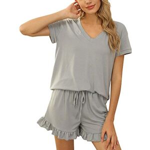 LCDIUDIU Womens Shorts Co Ord Sets Summer, White V-Neck Plain Short Sleeve T-Shirt And Ruffled Hem Shorts Lounge 2 Piece Outfits Going Out Holiday Beach Wear Sets Grey M